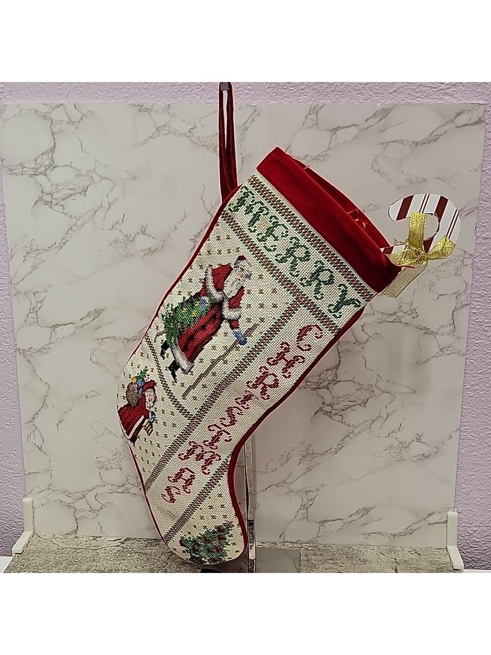 Vintage Handmade Needlepoint Christmas stocking signed - Picture 3 of 9
